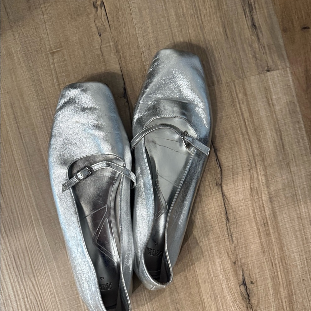 Zara Silver Metallic Square-Toe Mary Jane Flats